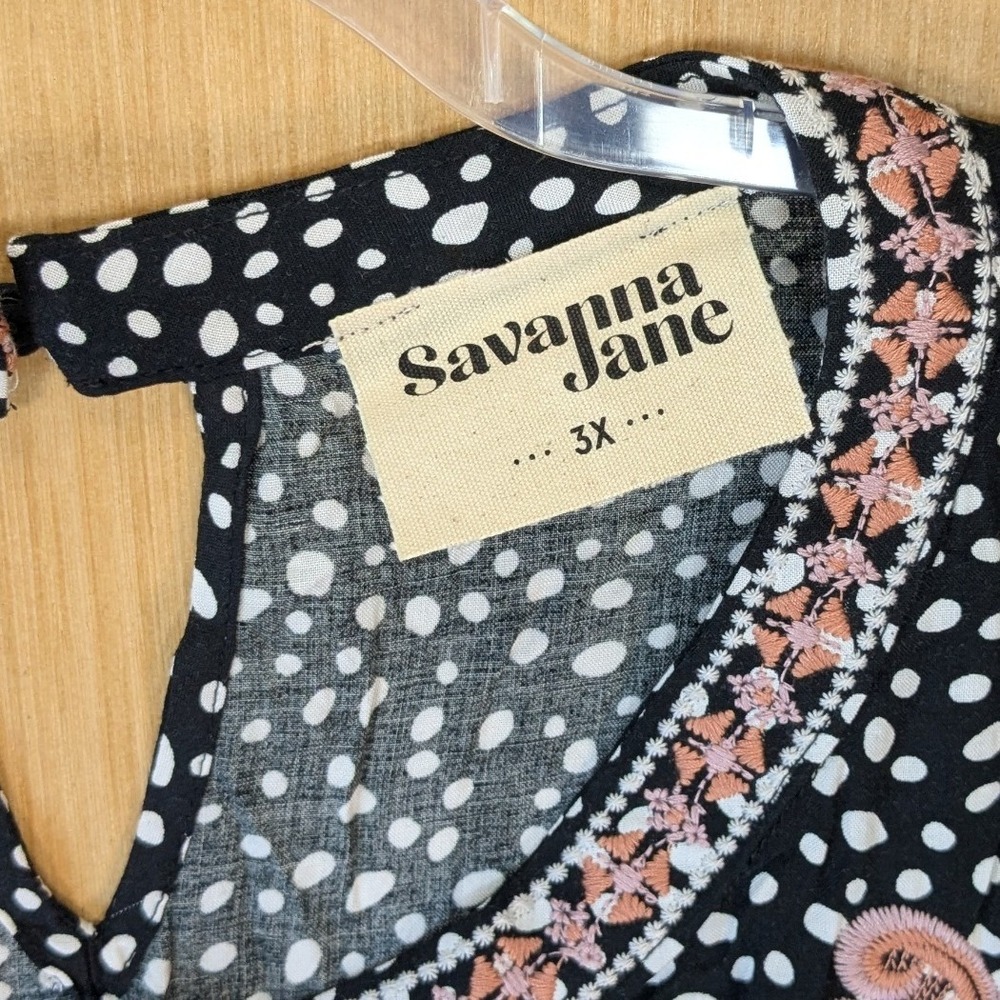 Savanna Jane Womens 3X Boho Embroidered Polka Dot Floral Babydoll Blouse Black - Picture 2 of 7